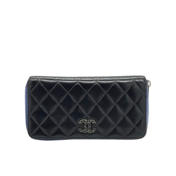 Chanel Caviar Quilted Large CC logo Zip Around Wallet Royal Blue*EUC*Care Cards - Picture 1 of 16
